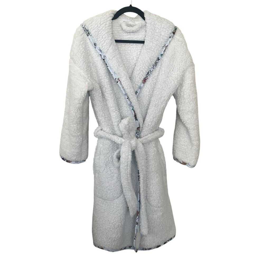Vera Bradley Wrap Plush Robe L/XL Hooded Belted Shawl Collar Pockets Ice Blue